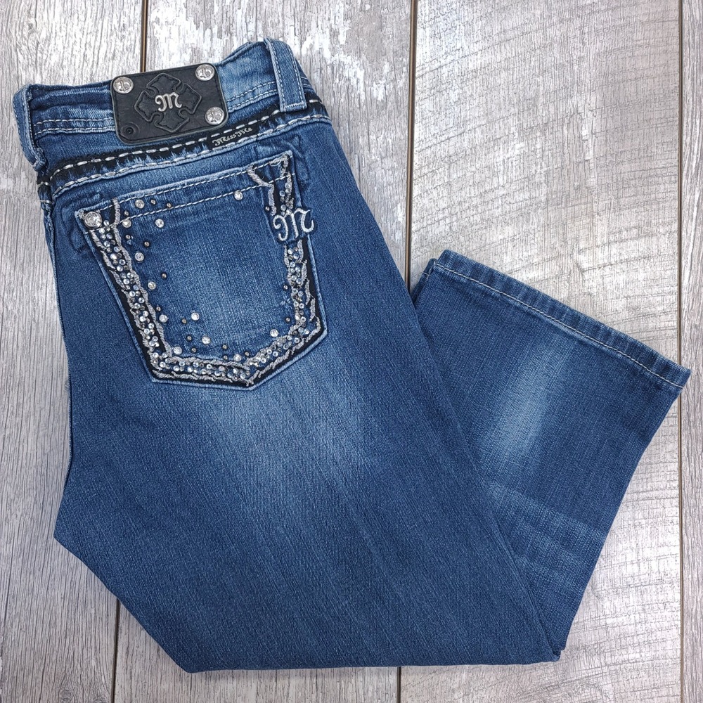 Miss Me Easy Crop Jeans Womens 30 Blue Embellished Rhinestone Distressed Capri
